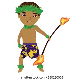 Hawaiian man dancing with fire. Cartoon character on white background