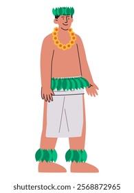 Hawaiian man wearing natural traditional Hawaii clothes leaves skirt native tribe character cultural heritage island Polynesian people character design icon set