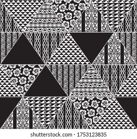 Hawaiian and Maori tribal collage. Black and white triangle patchwork. Modern ethnic design.