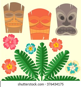 Hawaiian mask with tropical palms and hibiscus flowers