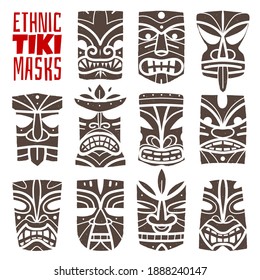 Hawaiian masks prints. Tiki idols heads, maya antique culture, traditional indigenous symbols, ancient maori gods. Vector set