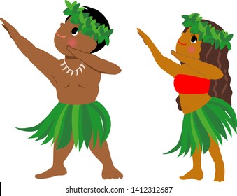 Hawaiian men and women dancing ancient hula