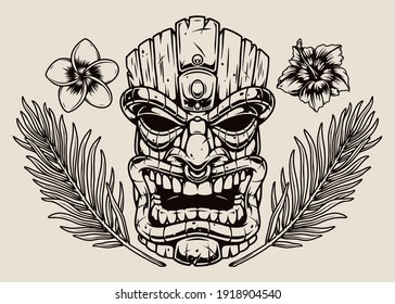 Hawaiian monochrome elements concept in vintage style with traditional tribal tiki mask blooming flowers and palm leaves isolated vector illustration