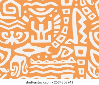 Hawaiian motifs.. Tiki seamless pattern. Aztec textile print.Geometric, vector background. Suitable for printing on fabric and paper, for parties.