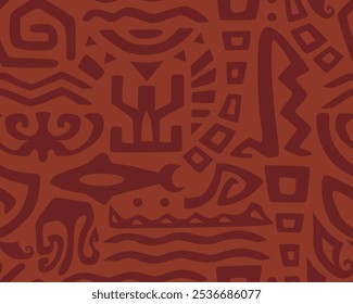 Hawaiian motifs.. Tiki seamless pattern. Aztec textile print.Geometric, vector background. Suitable for printing on fabric and paper, for parties.