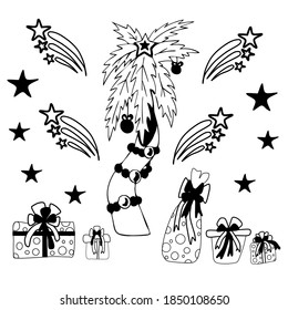 Hawaiian new year. Christmas on the beach. Vector drawing in Doodle style. Vector set of palm trees, fireworks, gifts isolated on white background. Linear drawing. For  cards, design, decoration