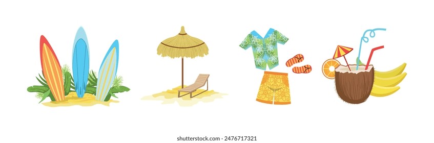 Hawaiian Object and Item of Beach Resort Vector Set