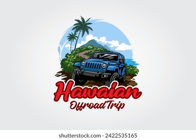 Hawaiian Off road Trip Vector Logo Template. Off Road car logo along the coast and hills.