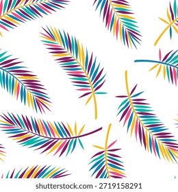 Hawaiianische Palmblatt Dschungel Muster Vektor Design. Lebendige Blattfeder modernen, sich wiederholenden Hintergrund. Biologische Paradies-Urlaubszusammensetzung. Spaß Palm Laub doodle Illustration.