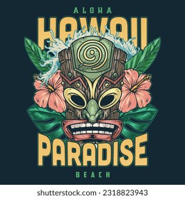 Hawaiian paradise beach colorful element with Tiki totem and aloha lettering inviting tourists to visit sunny bay coast vector illustration