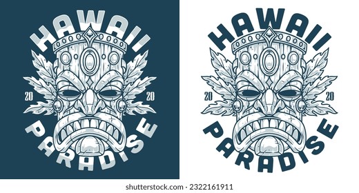 Hawaiian paradise mask poster monochrome with Tiki idol wooden face to advertise tourist vacation in sunny island vector illustration