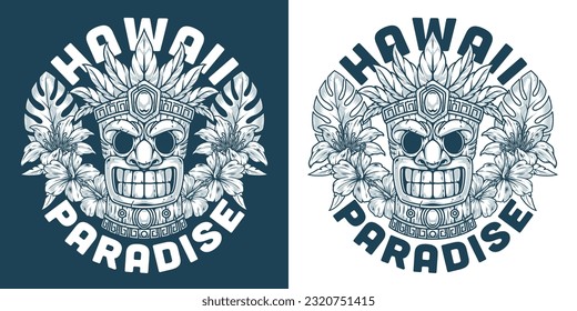 Hawaiian paradise travel sticker monochrome with Tiki mask and flowers to decorate tourist clothing or bungalow interior vector illustration