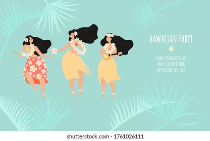 Hawaiianische Party-Banner-Vorlage mit drei tanzenden Mädchen in traditionellen Kleider und tropischen Pflanzen. Sommer Abenteuer Illustration im flachen Stil.