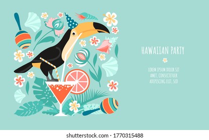 Plantilla de banner de un partido hawaiano con tocan sentado en un vaso con un cóctel, plantas tropicales, maracas y conchas. Ilustración de aventuras de verano en estilo plano.