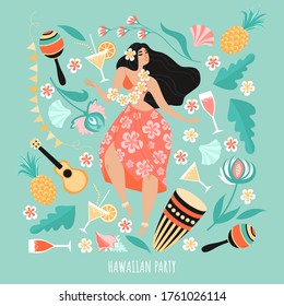 Hawaiian party concept with dancing girl, musical instruments, drinks and tropical plants. Summer adventures illustration in flat style.