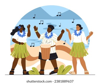 Hawaiian party concept. Man with drum and women in traditional clothes. Holiday in tropical and exotic country. Musician and dancers. Cartoon flat vector illustration isolated on white background