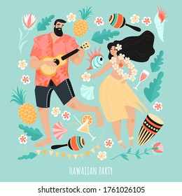 Hawaiian party concept with a man playing the guitar and dancing girl, musical instruments, drinks and tropical plants. Summer adventures illustration in flat style.