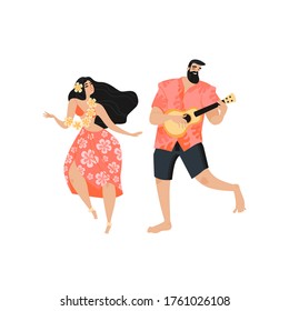 Hawaiian party concept with a man playing the guitar and dancing girl. Funny cartoon characters in a flat style.