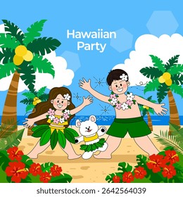 Hawaiian Party. Couples and a cute puppie in Hawaiian traditional dress.