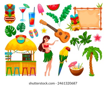 In: Hawaiian Party Elemente. Hawaii oder Bali Luau Ikonen, Tanzmädchen tropische Papageienhütte Bar Aloha Sommer Strand Tiki Totem Ukulele Design Set geniale Vektorillustration von hawaiianischem Party-Design