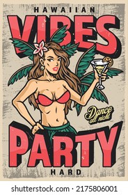 Hawaiian party flyer colorful vintage pretty girl in swimsuit and skirt made leaves drinks cocktail inviting to beach vector illustration