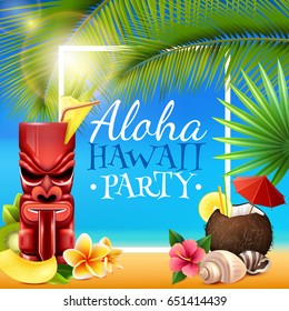 Hawaiian party frame with tiki mug, coconut cocktail, shells, flowers, palm branches on blue background vector illustration