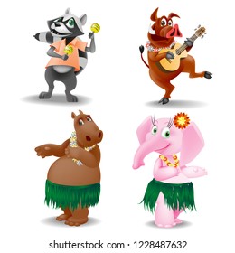 Hawaiian Party
Funny cartoon characters in the image of Hawaiian holidaymakers. Vector illustration. 3D render. EPS-10.