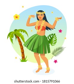 Hawaiian party. Hawaiian girl in traditional dress made of leaves, dancing among palm trees and tropical plants. Cultural traditions, dancing girl. Tropical vector hawaiian beach party vector