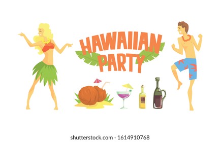 Hawaiian Party, Happy People Relaxing on Summer Holidays Vector Illustration