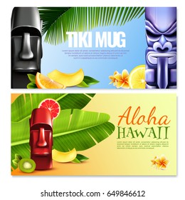 Hawaiian party horizontal banners with tiki mugs, lettering aloha, fruits, flowers and tropical plants isolated vector illustration 