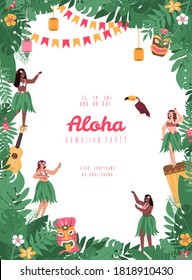 Hawaiian party poster or banner design with girls hula dancers and tropical toucan bird, flat cartoon vector illustration. Summer party in hawaiian style invitation. svg