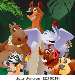 Hawaiian Party
Poster with cartoon characters. Editable vector illustration. EPS-10.