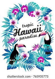 Hawaiian party poster. Vector illustration of tropical birds, flowers, leaves.