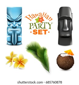 Hawaiian party set of isolated tin god idols coconut and tropical plant images on blank background vector illustration