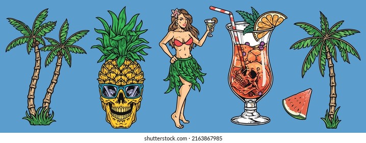 Hawaiian party set vintage sketch colorful stylized beach holiday alcoholic cocktails decorated with skulls and woman in swimsuit vector illustration