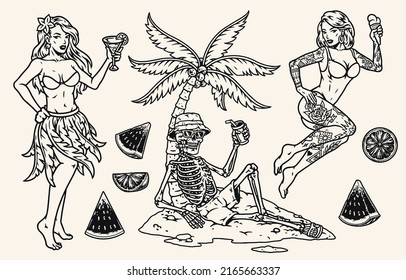 Hawaiian party set vintage sketch monochrome skeleton and woman in swimsuits drinking cocktails under palm tree near fruits vector illustration