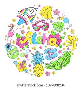 Hawaiian patch round set. Fashionable pins 80s-90s style. Colorful drawings of fruits, drinks, beach wear, hand drawn lettering inscription Aloha. Circle floral background. EPS 10 vector illustration