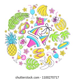 Hawaiian patch round set. Fashionable pins 80s-90s style. Colorful drawings of fruits, drinks, beach wear, accessory. Circle floral background. EPS 10 vector illustration