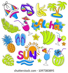 Hawaiian patch set. Fashionable pins 80s-90s style. Colorful drawings of fruits, drinks, beach wear, hand drawn lettering inscriptions Sun and Aloha. EPS 10 vector illustration.