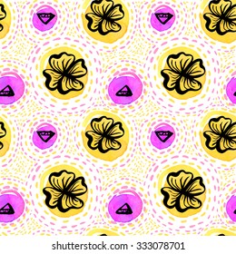 Hawaiian pattern with hand drawn ink flowers, yellow and pink colors. Textile seamless vector texture, summer fashion.