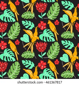 Hawaiian pattern with parrots, palm leaves and hibiscus flowers. Bright seamless texture with exotic flora and fauna. Tropical escape background