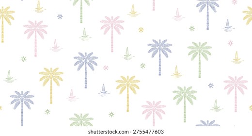 Hawaiian pattern print featuring palm trees and sailboats in pastel colors on a white background. Beach patterns, palm patterns that gives an airy feel for summer. coconut tree design. coconut leaf.