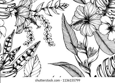 Hawaiian pattern seamless background with flower and leaf drawing illustration. 