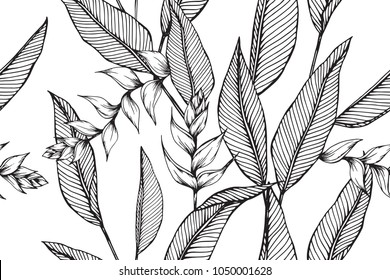  Hawaiian Pattern Seamless Background With Heliconia Flower And Leaf  Drawing Illustration. 