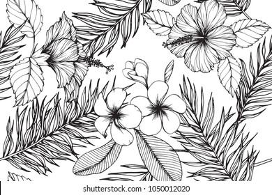 Hawaiian Pattern Seamless Background With Plumeria, Hibiscus Flower And Leaf  Drawing Illustration. 