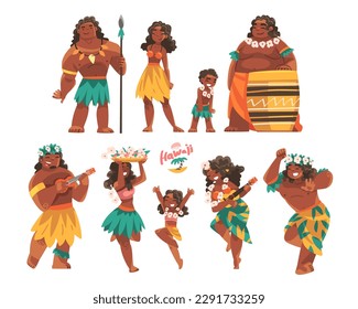 Hawaiian People Character with Lei Garland or Wreath Playing Ukulele and Hula Dancing Vector Set