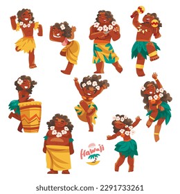 Hawaiian People Character with Lei Garland or Wreath Hula Dancing and Cheering Vector Set