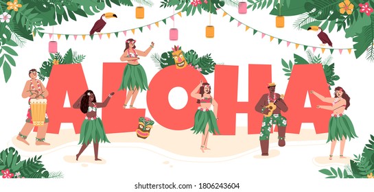 Hawaiian People Dancing Wearing Traditional Dresses Around Aloha Sign Decorated. Men And Women Dancing To Music Playing Guitar, Flat Cartoon Vector Illustration