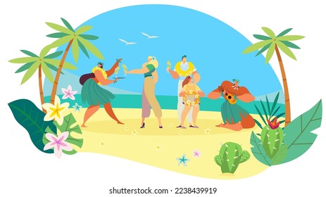 Hawaiian people welcome tourist family on exotic island, ethnic summer vacation, vector illustration