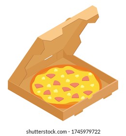 Hawaiian pizza in a cardboard box for restaurants or pizzerias delivery. Delicious taste pizza with cheese, cooked ham, pineapple and bacon. 